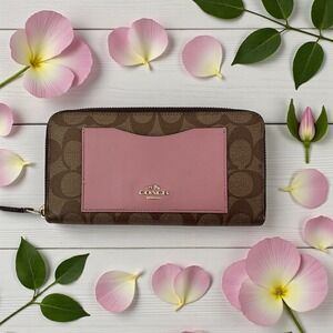 Coach Signature Zip Around Wallet‎ – Brown Canvas & Pink Leather